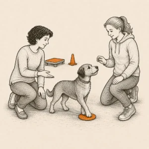 Kundin und Trainerin arbeiten im Einzeltraining gemeinsam mit einem Hund