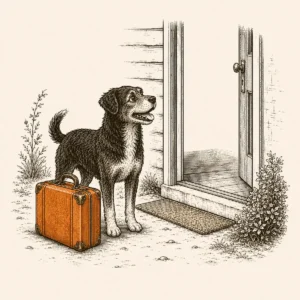Hund mit Koffer vor einer geöffneten Haustür – Willkommen-Zuhause-Beratung vor dem Einzug
