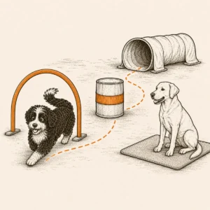 Hunde beim Hooperle mit Hoop, Tonne, Tunnel und Bodentarget