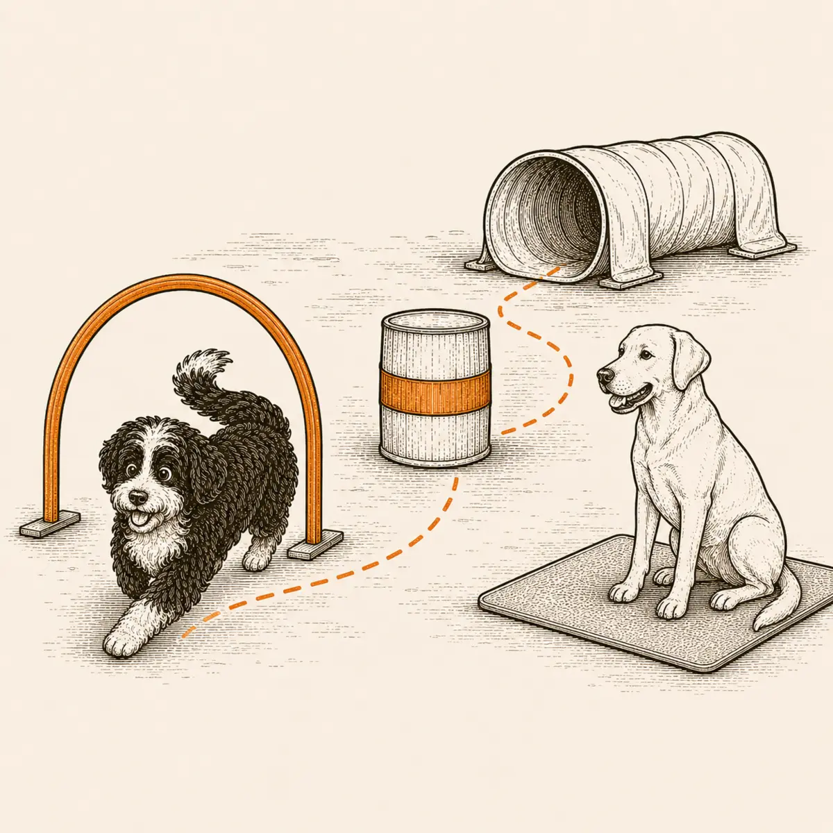 Hunde beim Hooperle mit Hoop, Tonne, Tunnel und Bodentarget