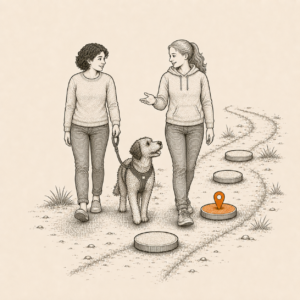 Trainerin begleitet ein Mensch-Hund-Team auf dem Lernpfad der LernReise BasisEtappen