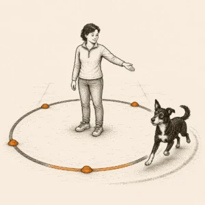 Trainerin und Hund beim Longieren am markierten Kreis