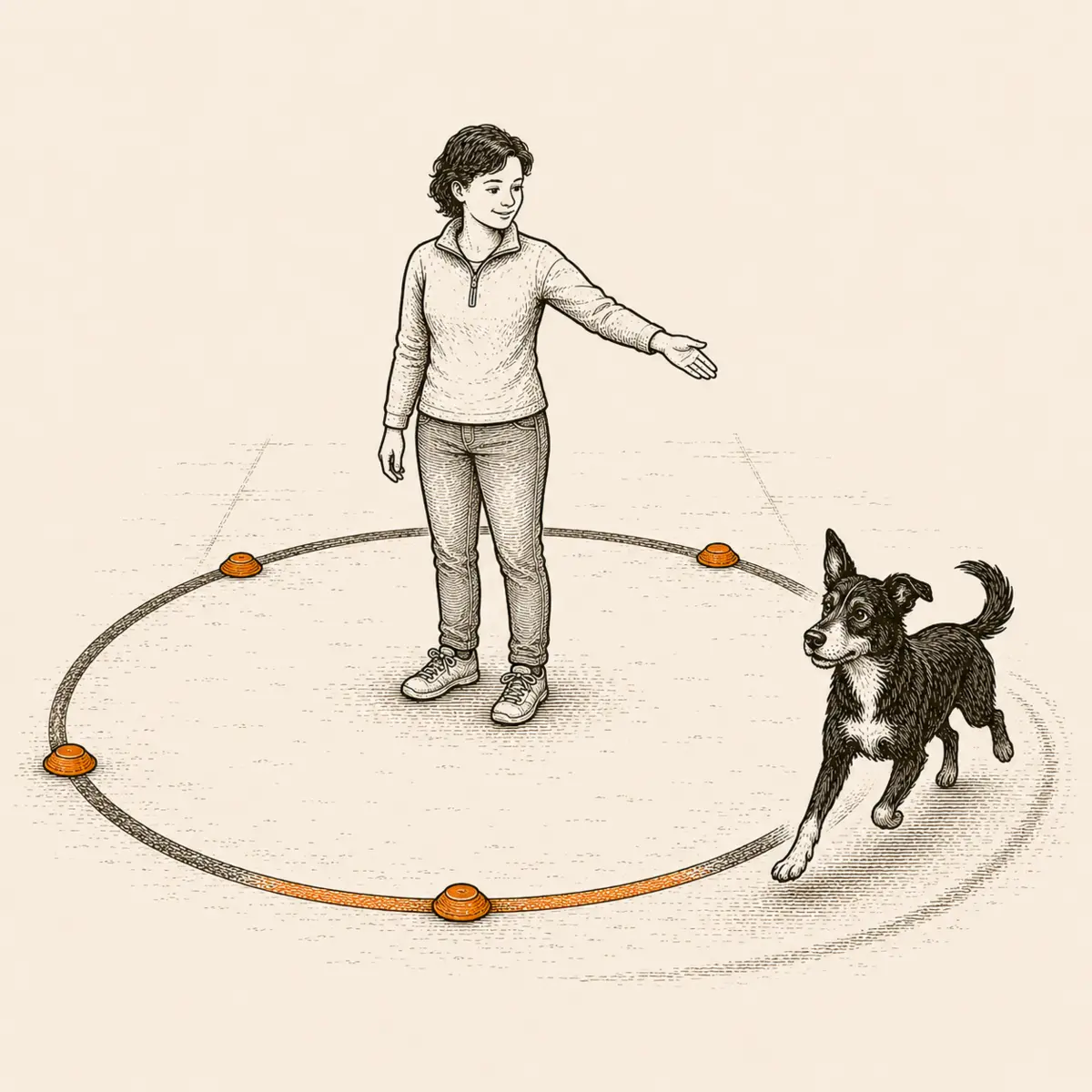 Trainerin und Hund beim Longieren am markierten Kreis