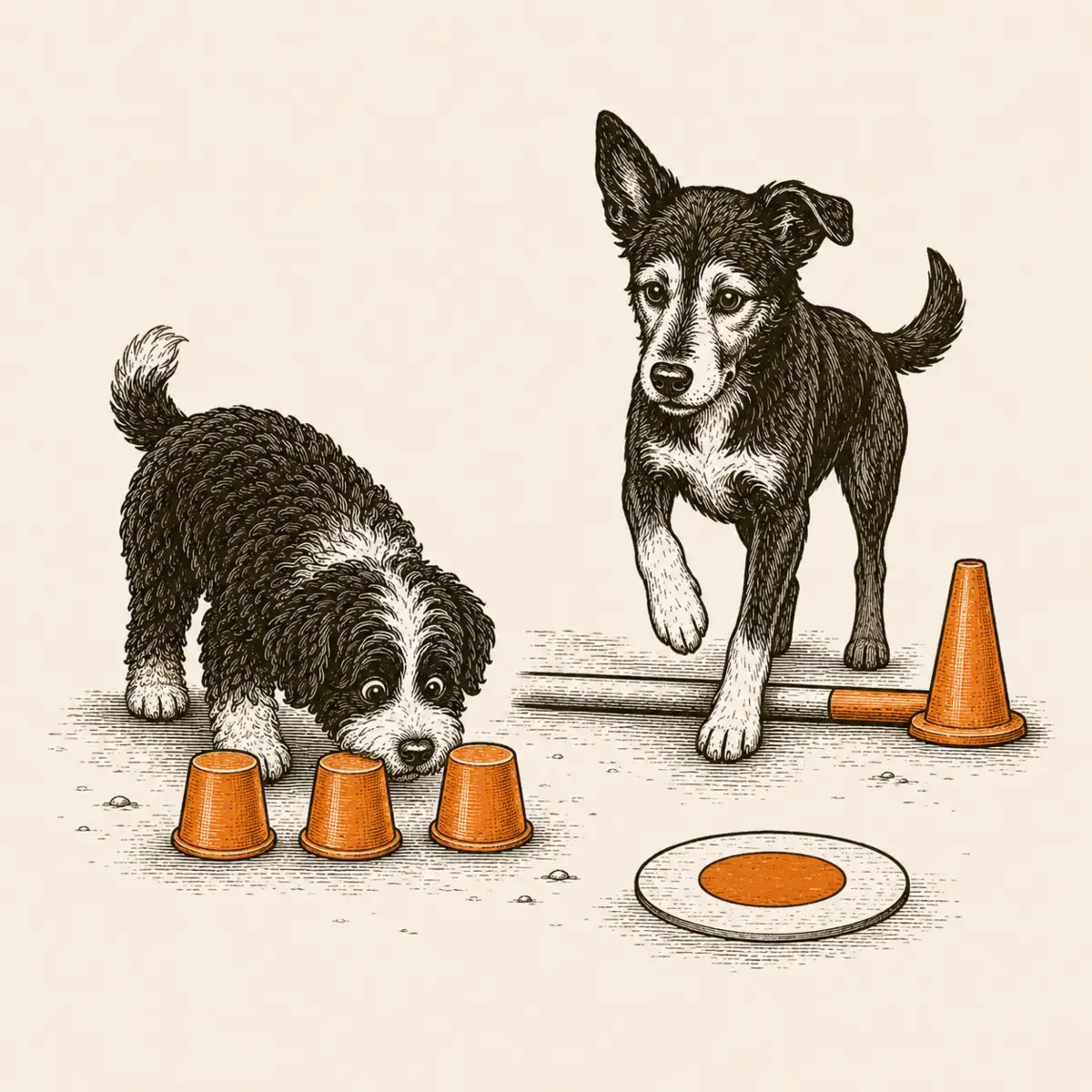 Zwei Hunde beim abwechslungsreichen Querbeet-Training mit Suchbechern, Stange und Bodentarget