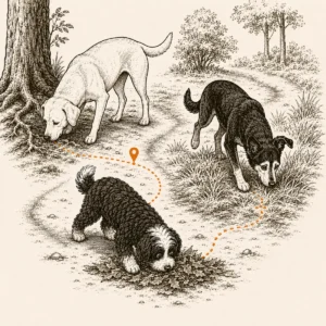 Drei Hunde erkunden beim Schnüffelspaziergang verschiedene Geruchsspuren
