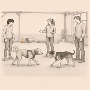 Zwei Hunde bei einem angeleiteten Hundekontakt in der Trainingshalle