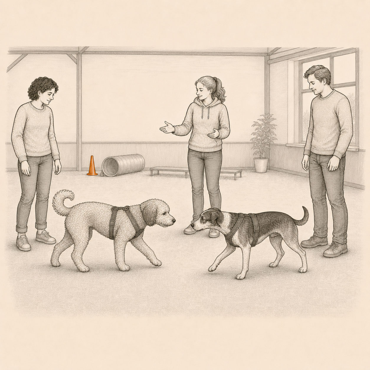 Zwei Hunde bei einem angeleiteten Hundekontakt in der Trainingshalle